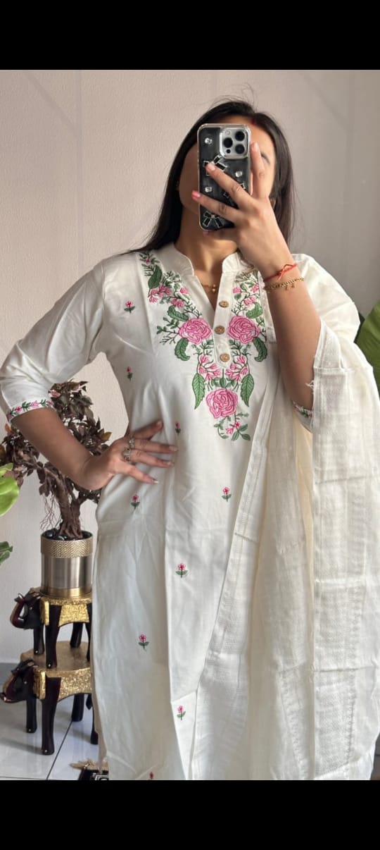 Women's Pure Cotton Kurti And Pant With Dupatta Set