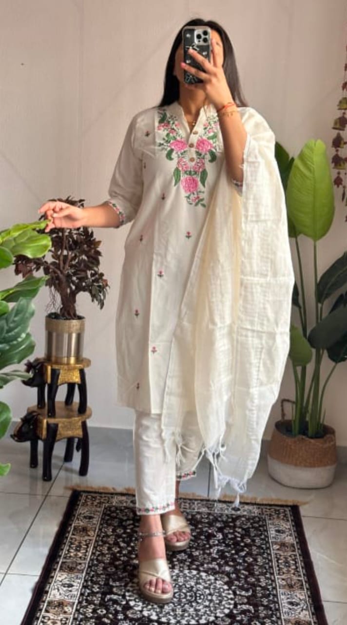 Women's Pure Cotton Kurti And Pant With Dupatta Set