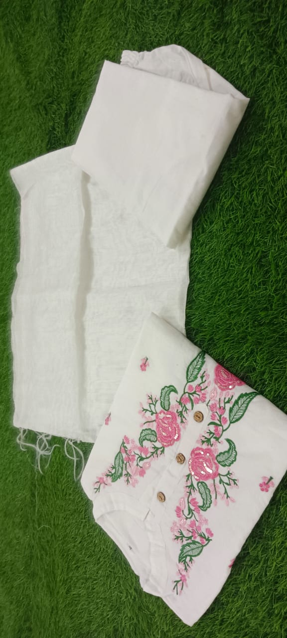 Women's Pure Cotton Kurti And Pant With Dupatta Set