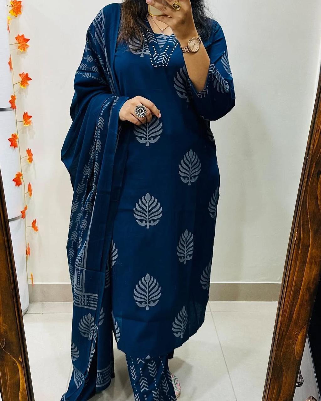 Traditional Indian Cotton Kurti Pant with Dupatta for Women