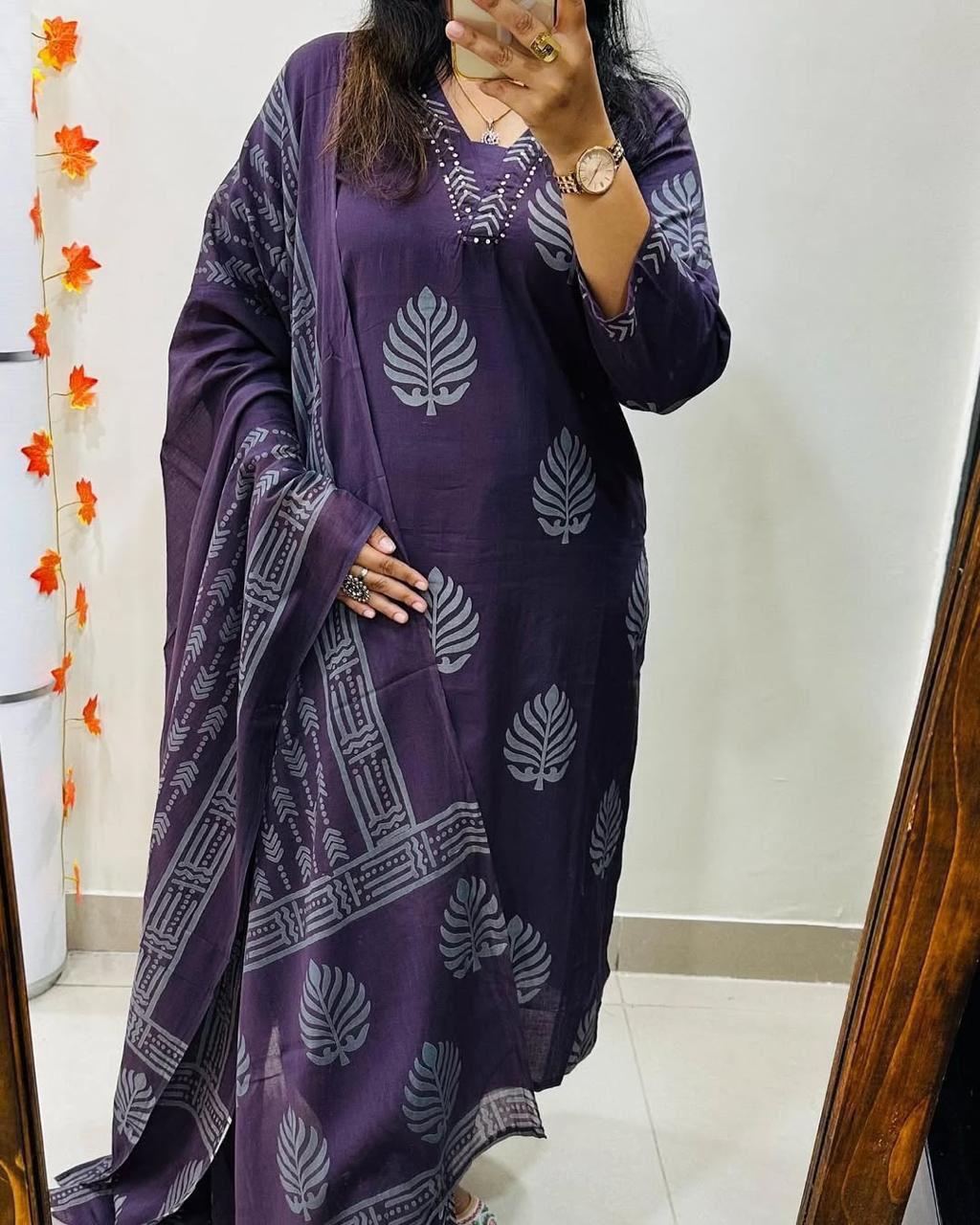 Traditional Indian Cotton Kurti Pant with Dupatta for Women