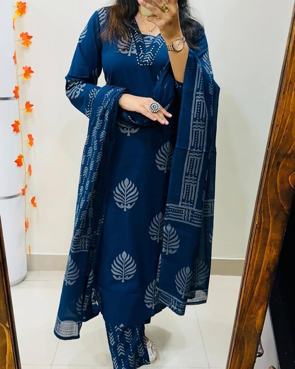 Traditional Indian Cotton Kurti Pant with Dupatta for Women