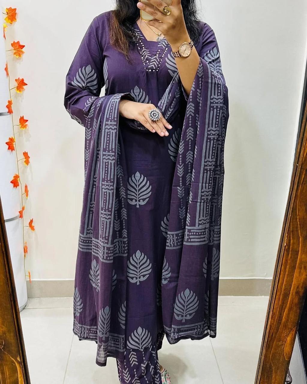 Traditional Indian Cotton Kurti Pant with Dupatta for Women