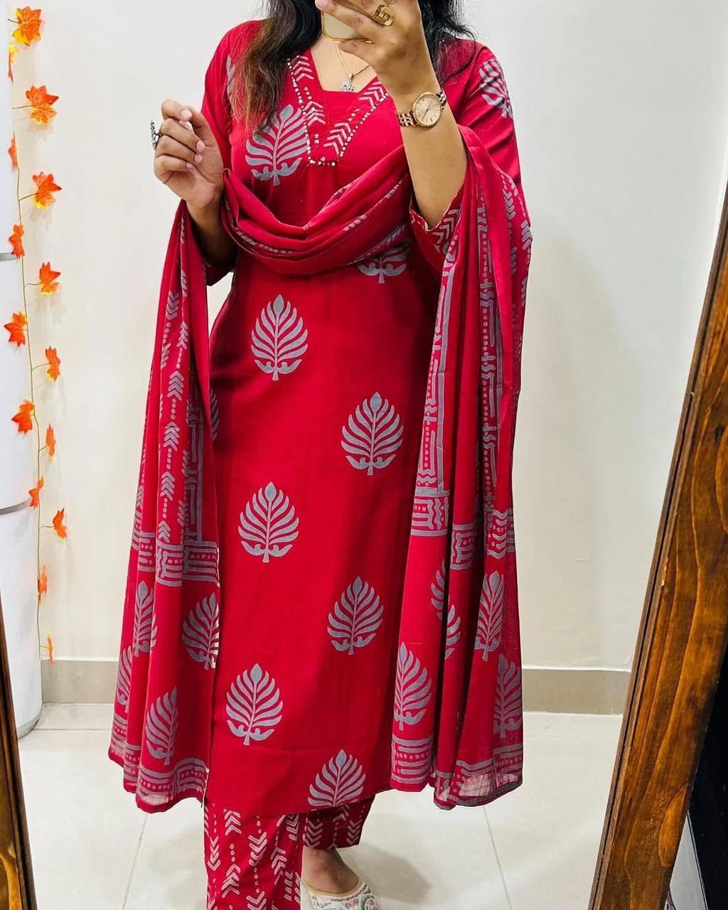 Traditional Indian Cotton Kurti Pant with Dupatta for Women