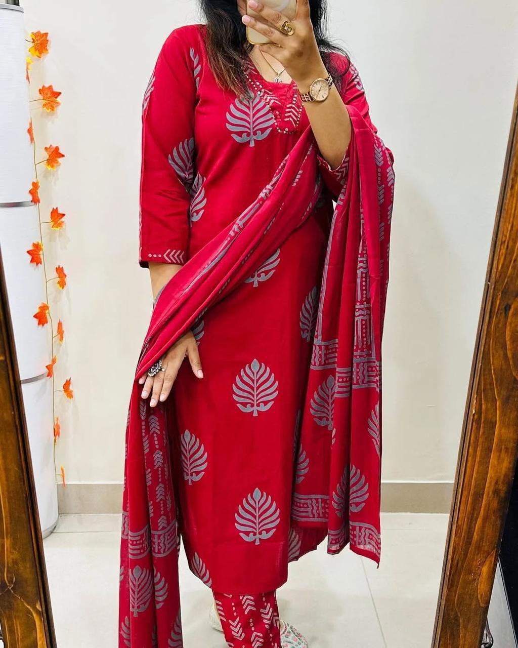 Traditional Indian Cotton Kurti Pant with Dupatta for Women