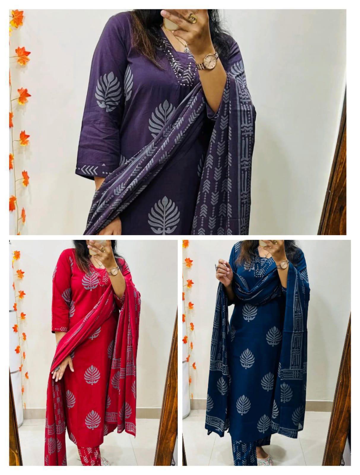 Traditional Indian Cotton Kurti Pant with Dupatta for Women