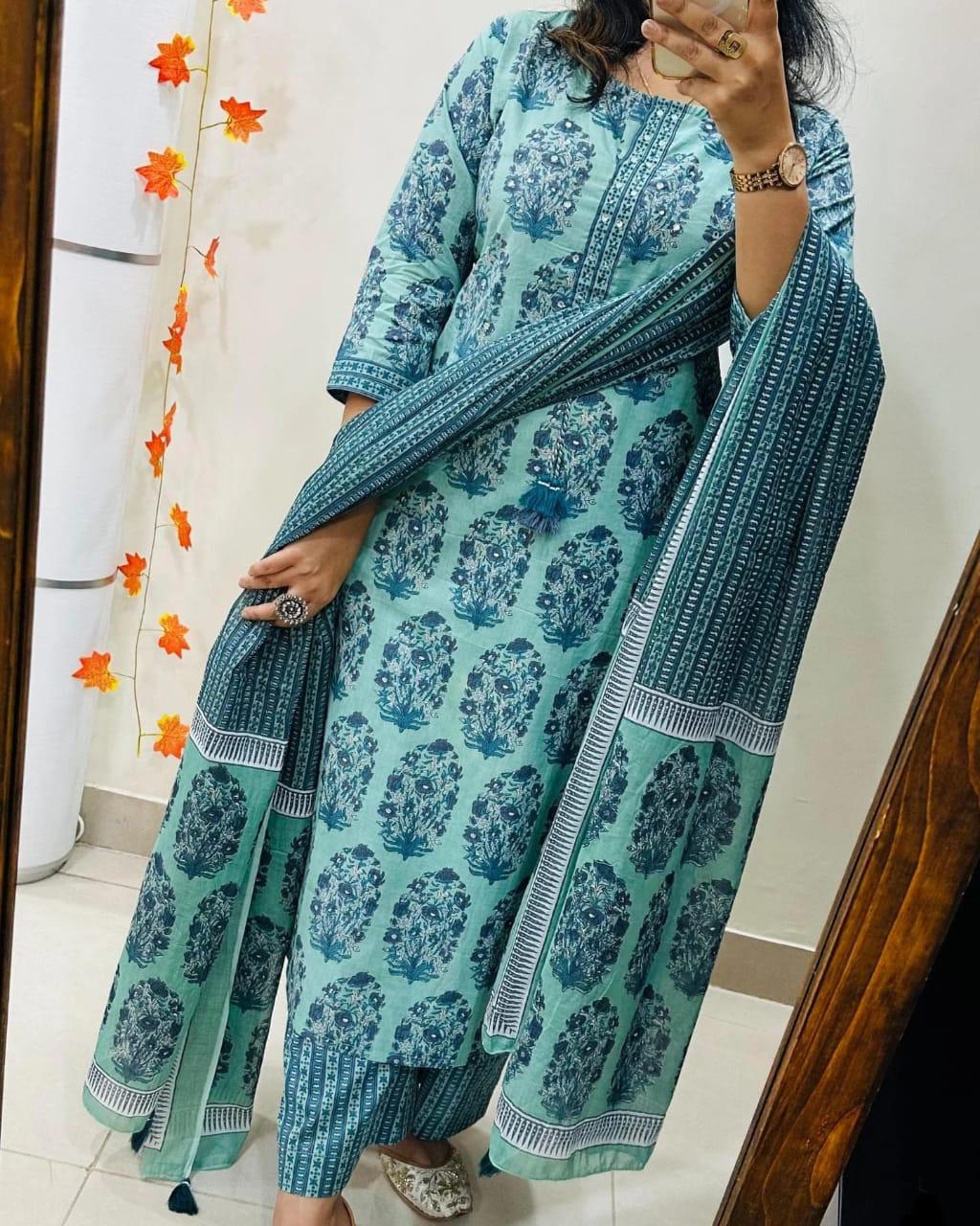 Hand Block Print Cotton Kurti Pant Dupatta Set for Women Perfect for Festive Occasions