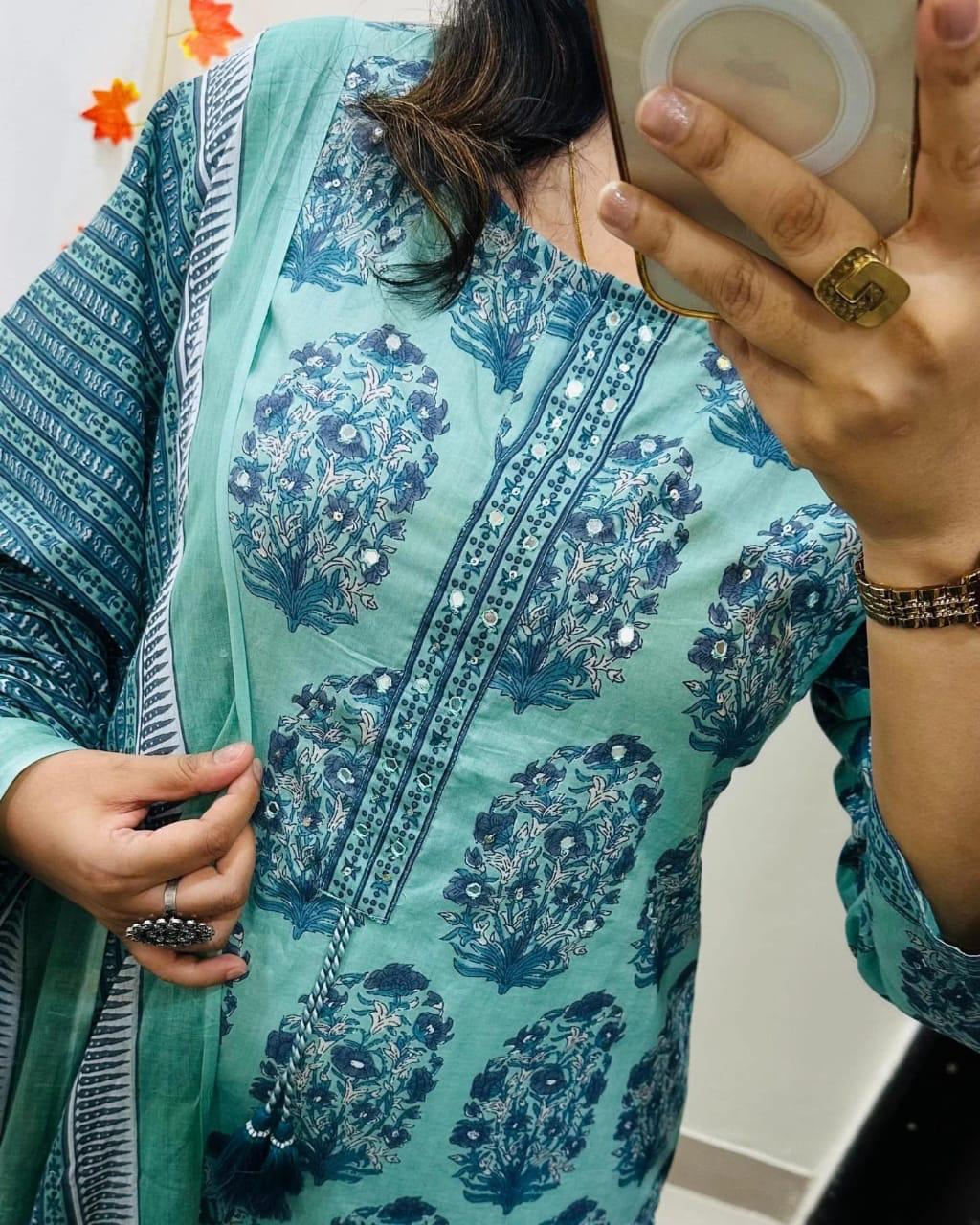 Hand Block Print Cotton Kurti Pant Dupatta Set for Women Perfect for Festive Occasions