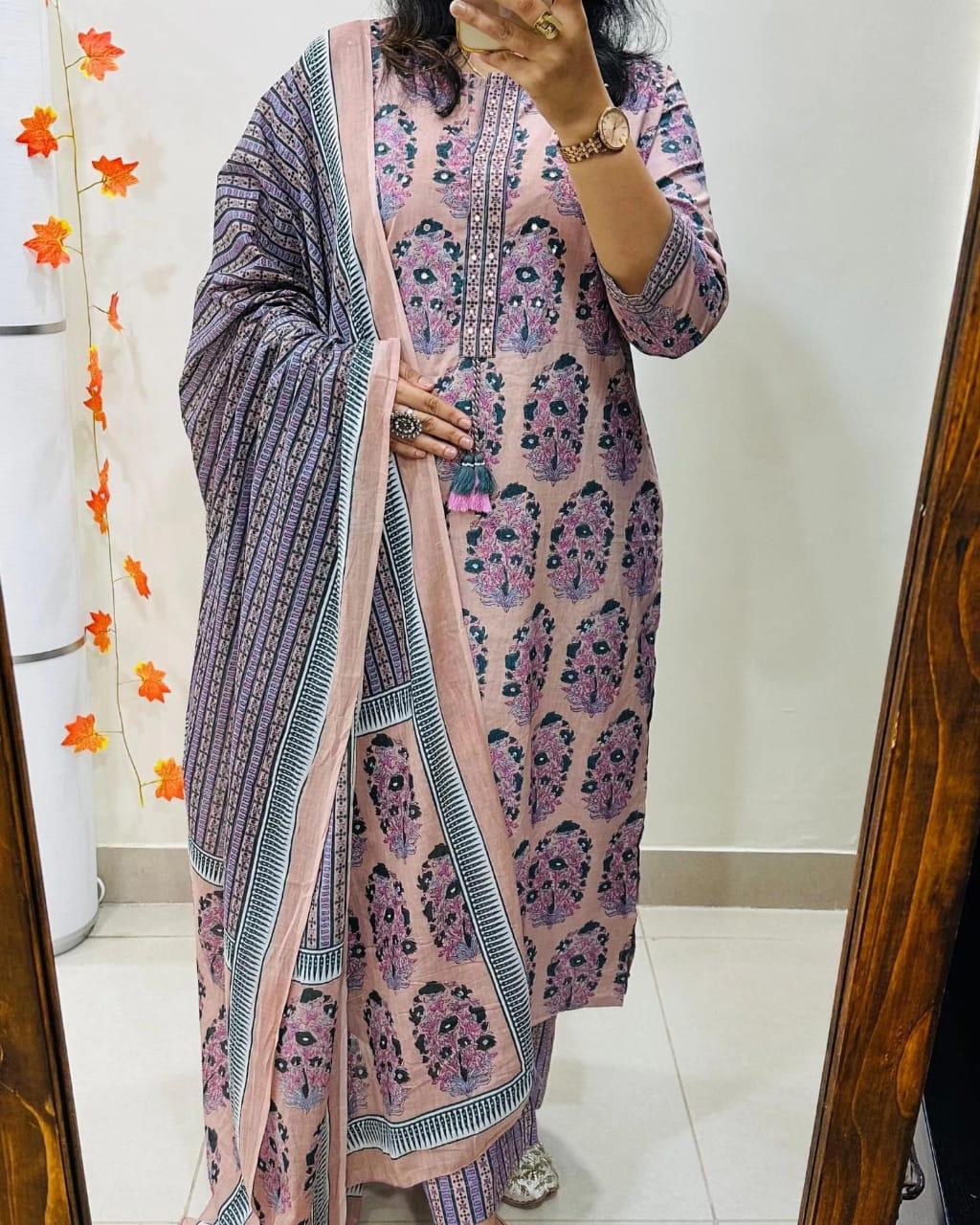 Hand Block Print Cotton Kurti Pant Dupatta Set for Women Perfect for Festive Occasions