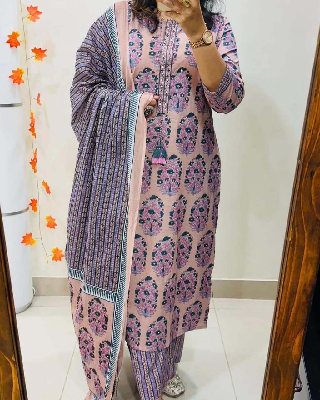 Hand Block Print Cotton Kurti Pant Dupatta Set for Women Perfect for Festive Occasions