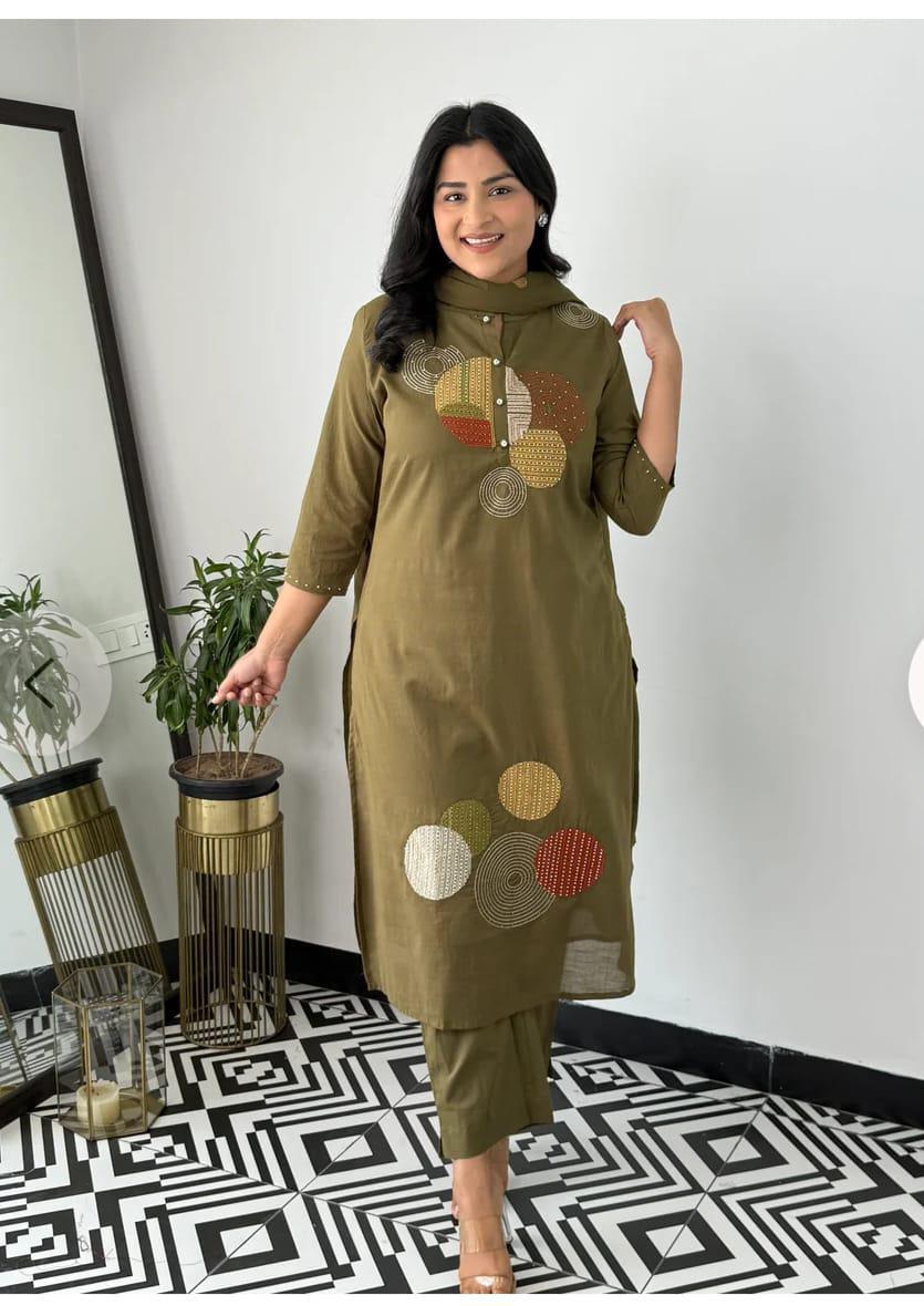 Traditional Indian Wear Cotton Kurti Pant with Dupatta for Women