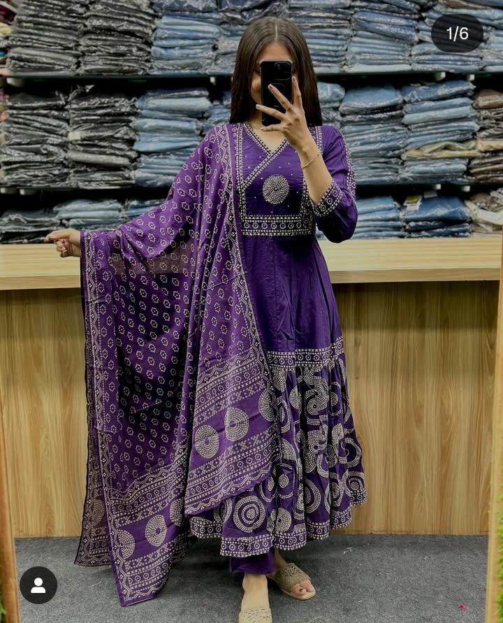 Hand Work Cotton Kurta And Pant With Dupatta Set For Indian Women's/Ethenic Wear For Women's