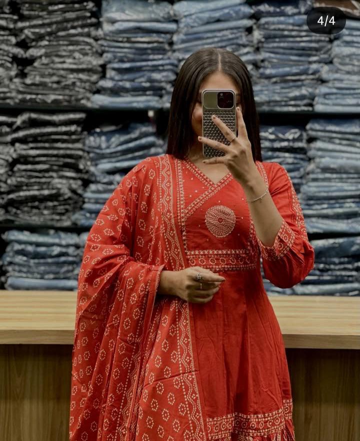 Hand Work Cotton Kurta And Pant With Dupatta Set For Indian Women's/Ethenic Wear For Women's