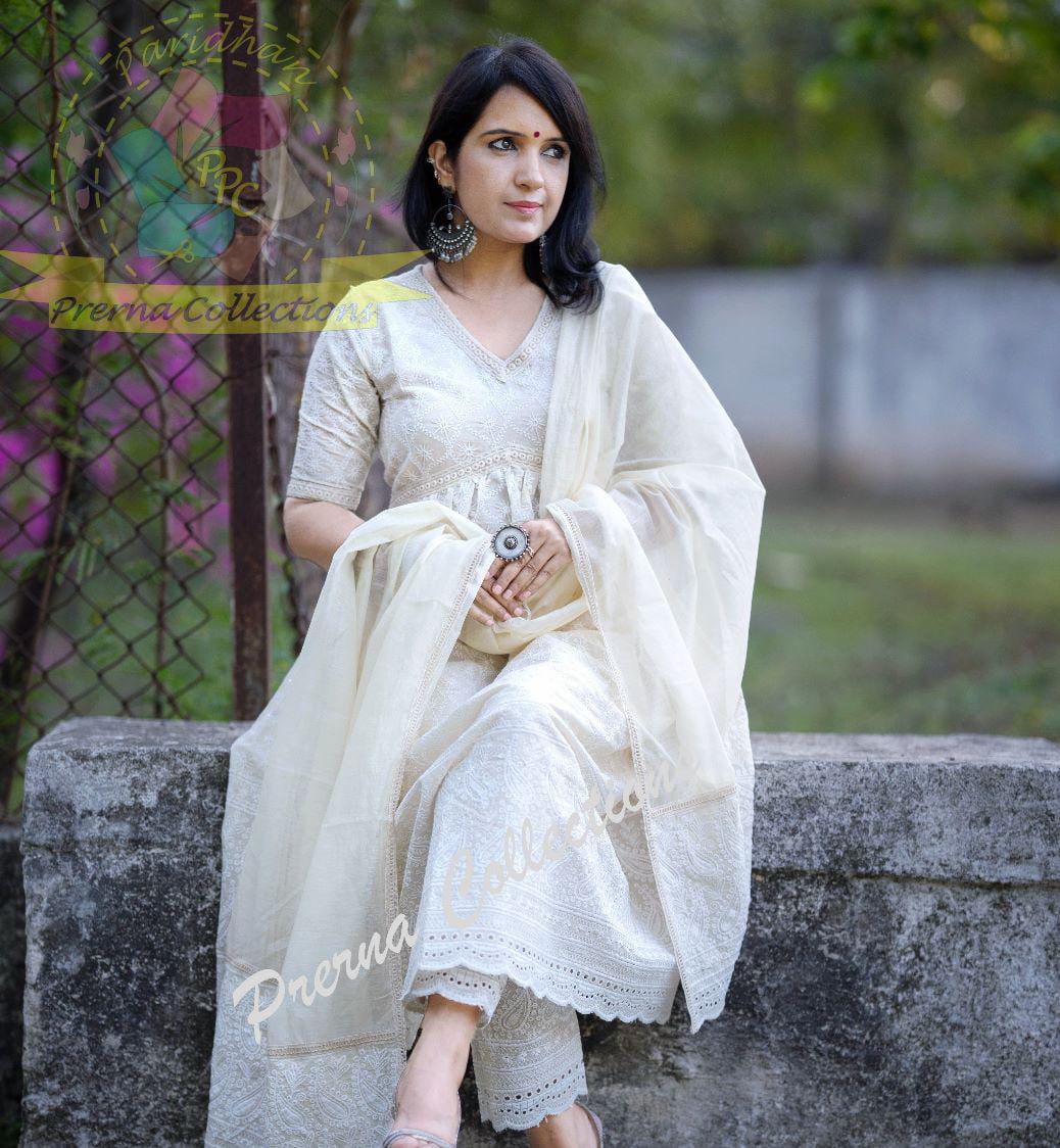 PURE COTTON EMBROIDERED SCHIFFLI KURTI AND PANT WITH DUPATTA SET FOR WOMEN'S