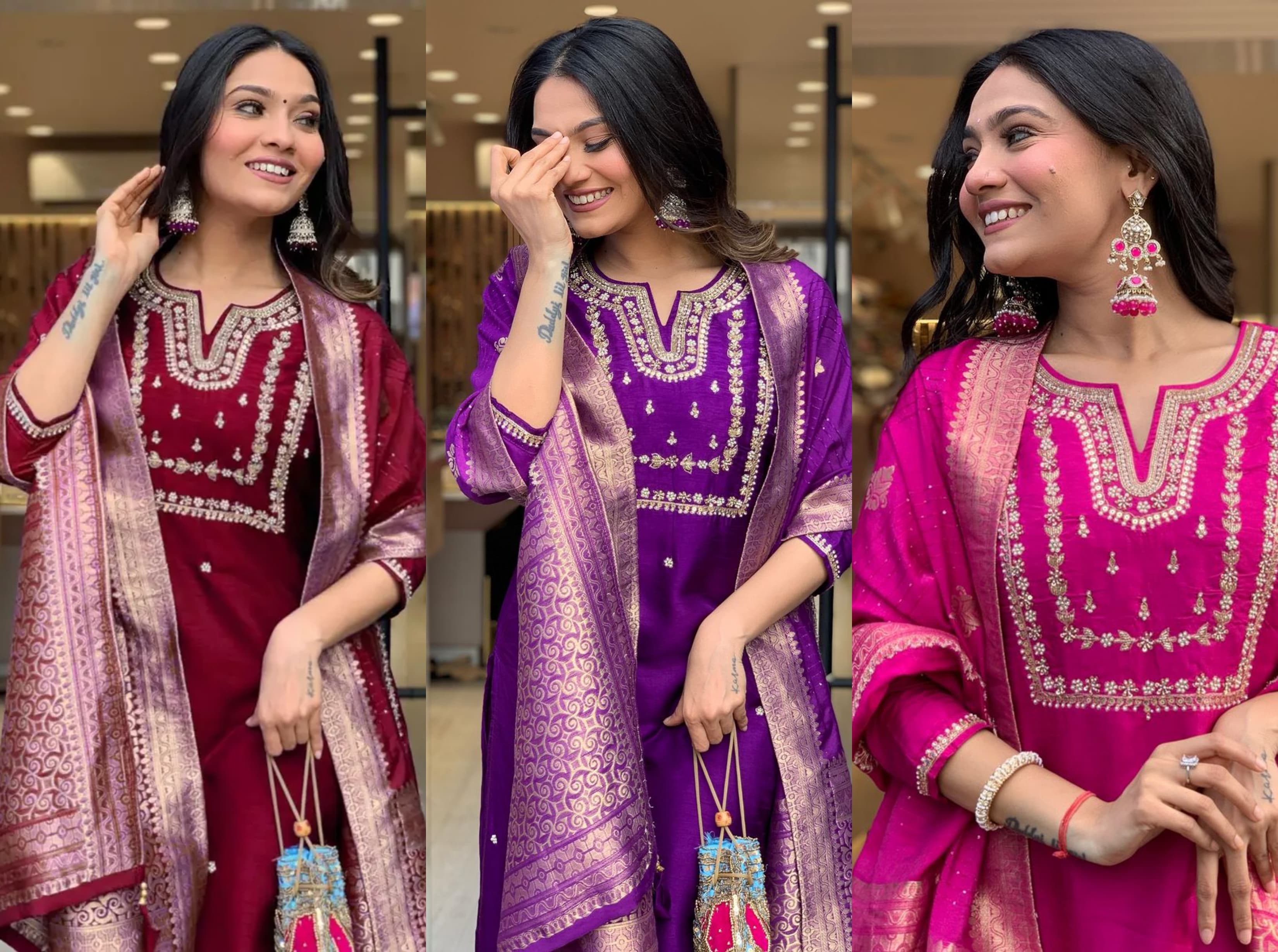 Rayon Beautiful Embroidery Kurti Pant And Dupatta Set For Women's