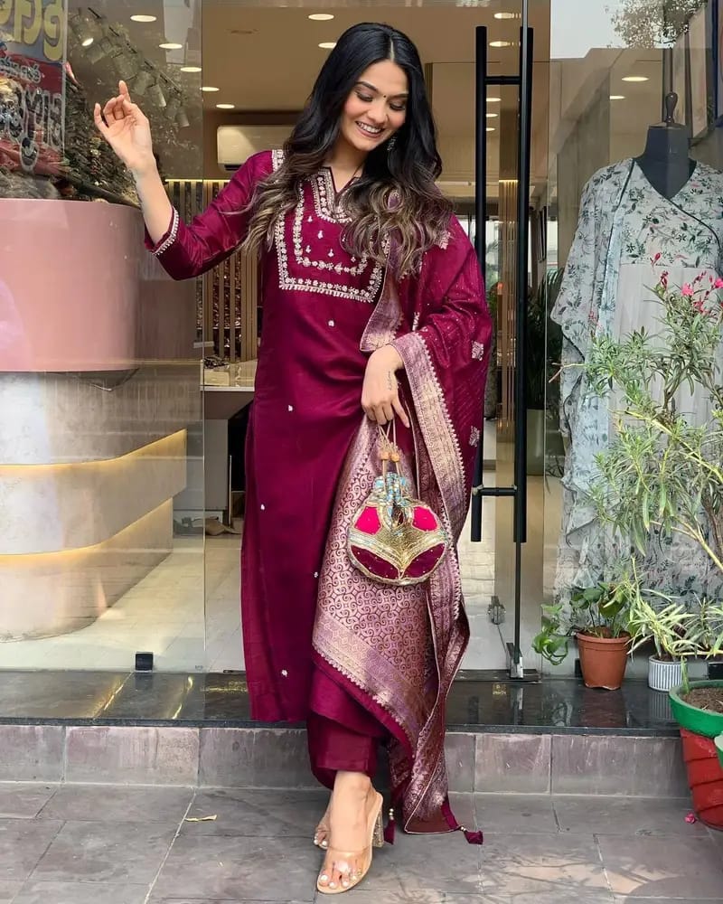 Rayon Beautiful Embroidery Kurti Pant And Dupatta Set For Women's