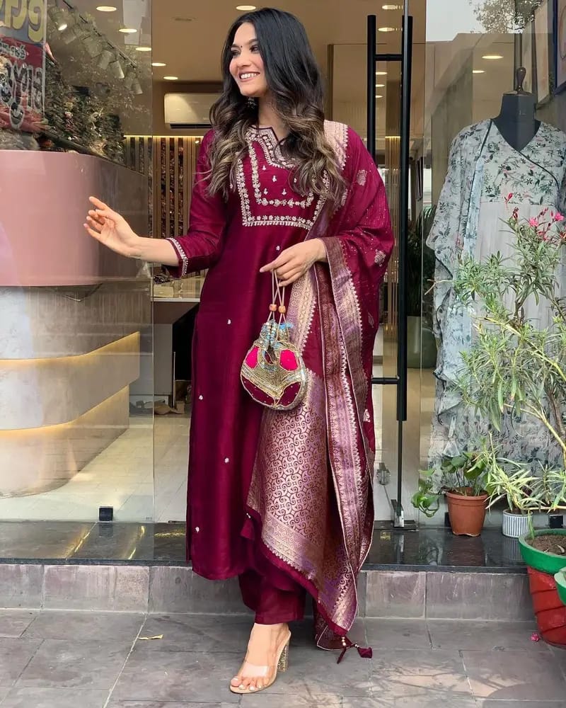 Rayon Beautiful Embroidery Kurti Pant And Dupatta Set For Women's