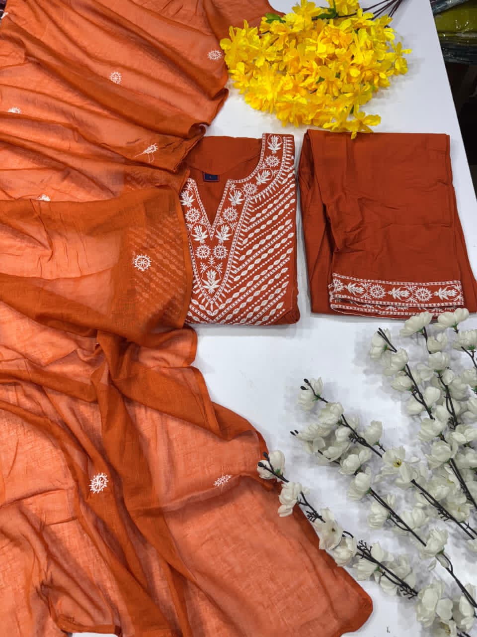 New Embroider Cotton Kurta Pant And Dupatta Set For Women's