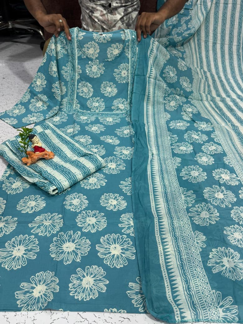 Cotton Trendy Kurta Pant And Dupatta Set With Beautiful Embroidery Work And Floral Print