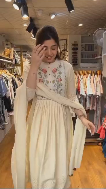 Hand Block Embroidery Cotton Kurti And Pant With Dupatta Set For Women's